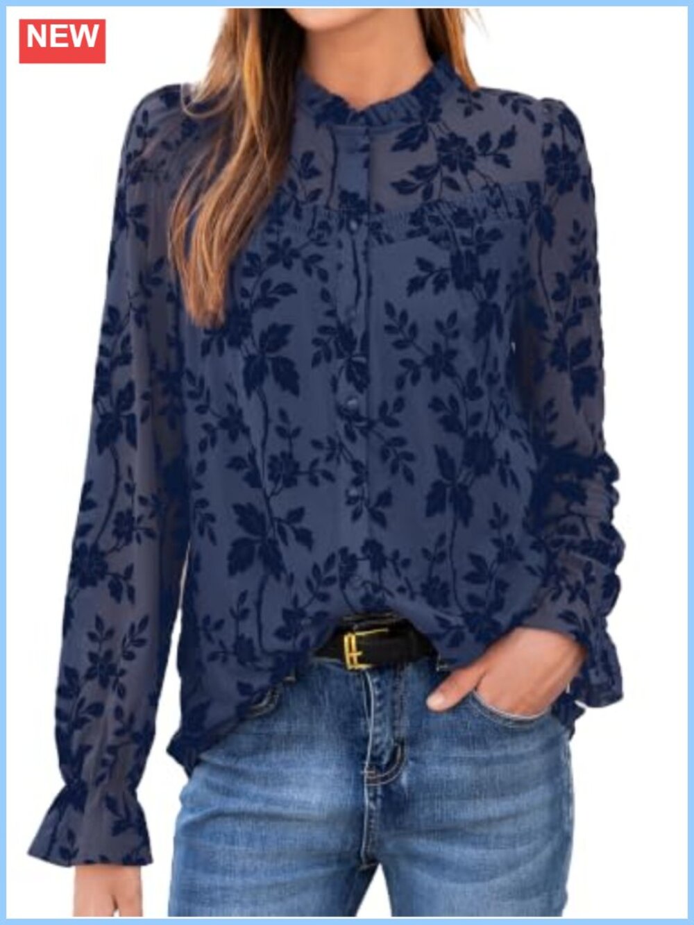 Women's Floral Mesh Button Down Blouse Long Sleeve Smocked Dressy Casual